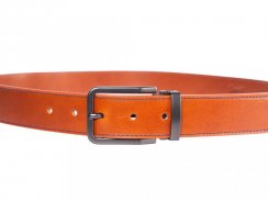 Brown leather belt with stitching and black buckle