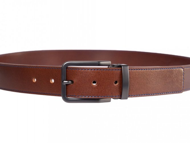 Dark brown leather belt with stitching and black buckle