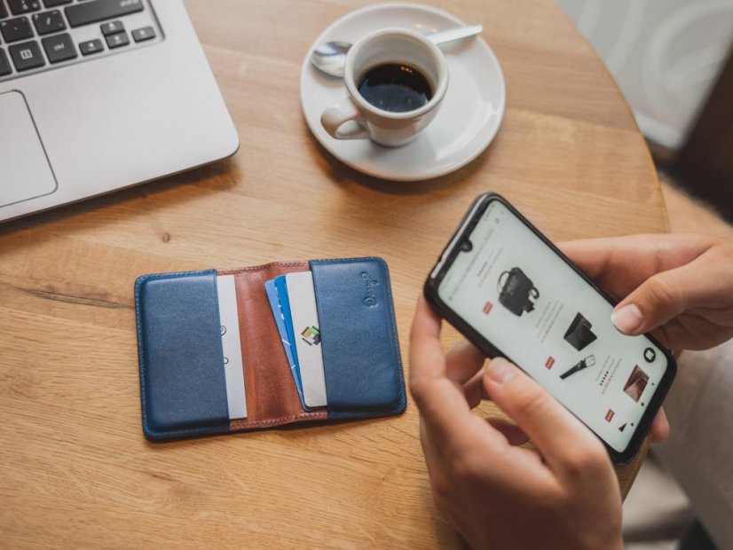 Kožené pouzdro na vizitky a karty - hnědo/modrá