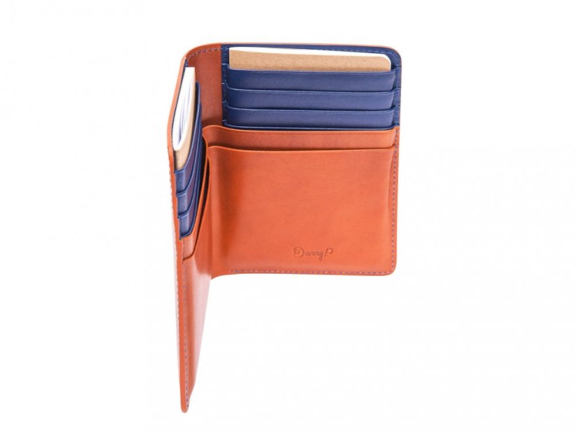 Kožená cestovní peněženka na bankovky a karty - hnědo/modrá