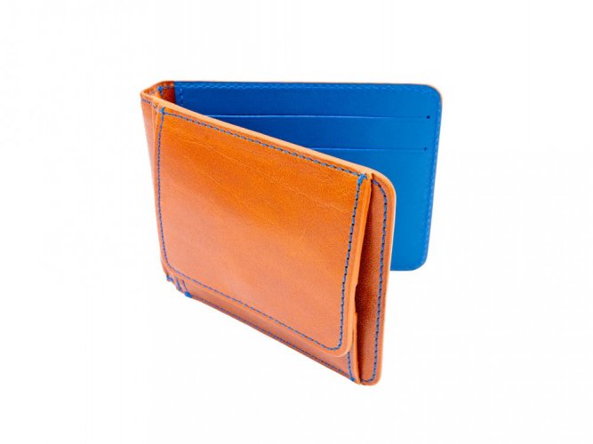 Leather money clip wallet with coins pocket - brown/blue