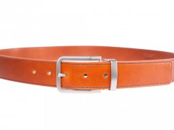 Brown leather belt with stitching and silver buckle