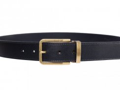 Black leather belt with stitching and gold buckle