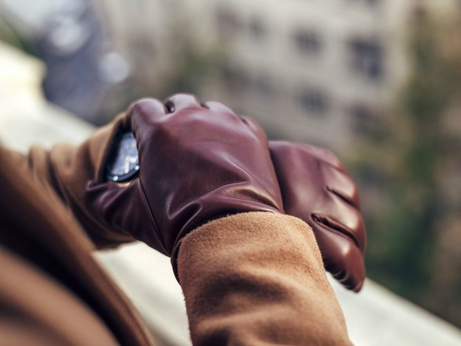 Men leather gloves dark brown - Gloves size: 7.5 - XS