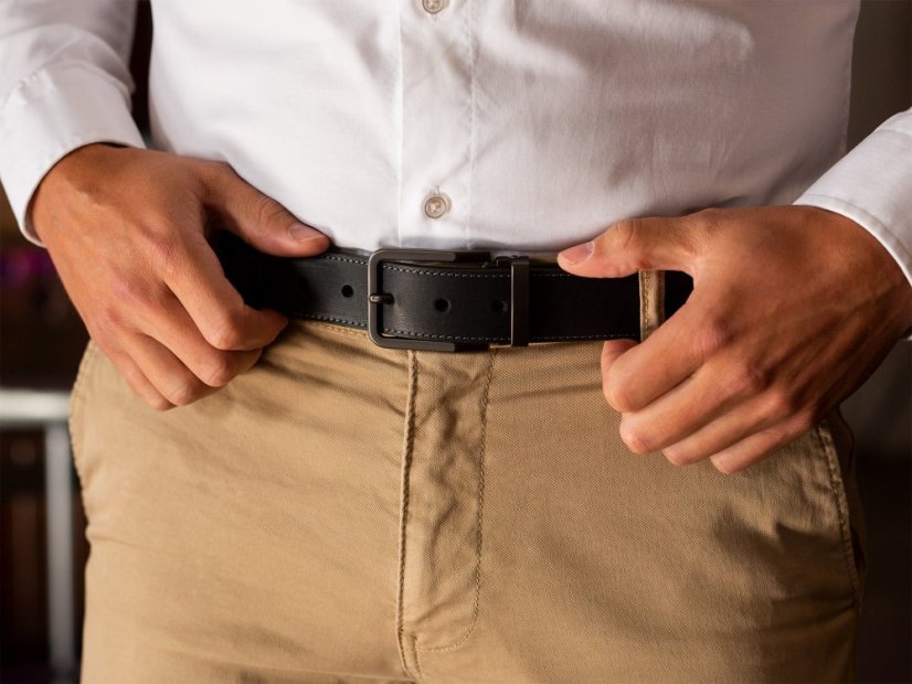 Black leather belt with stitching and black buckle