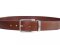 Dark brown leather belt with stitching and silver buckle