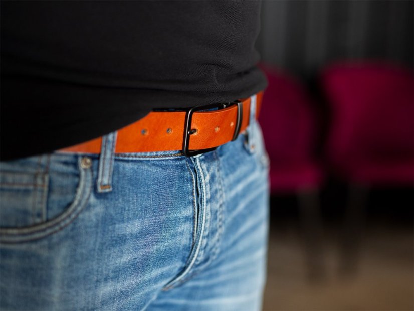 Brown leather belt with black buckle