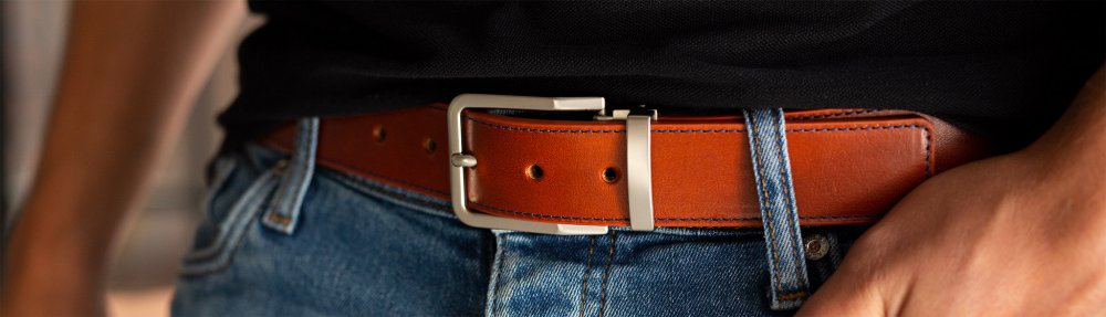 Brown leather belt with stitching and silver buckle - slideshow